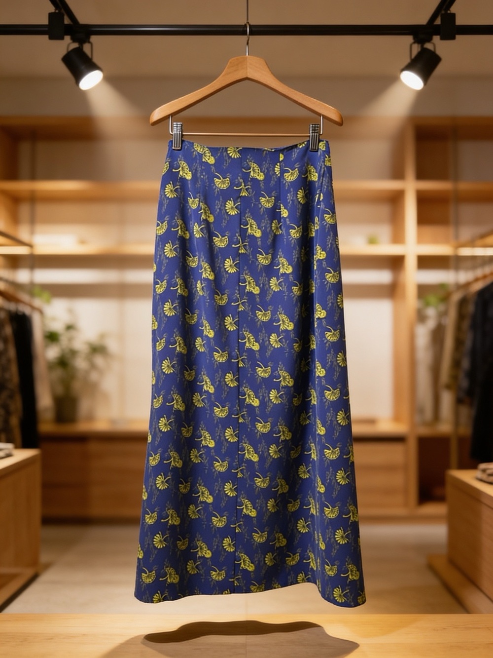 Clio SILK Wrap Navy Maxi Skirt with Yellow Floral Print. Viscose lined